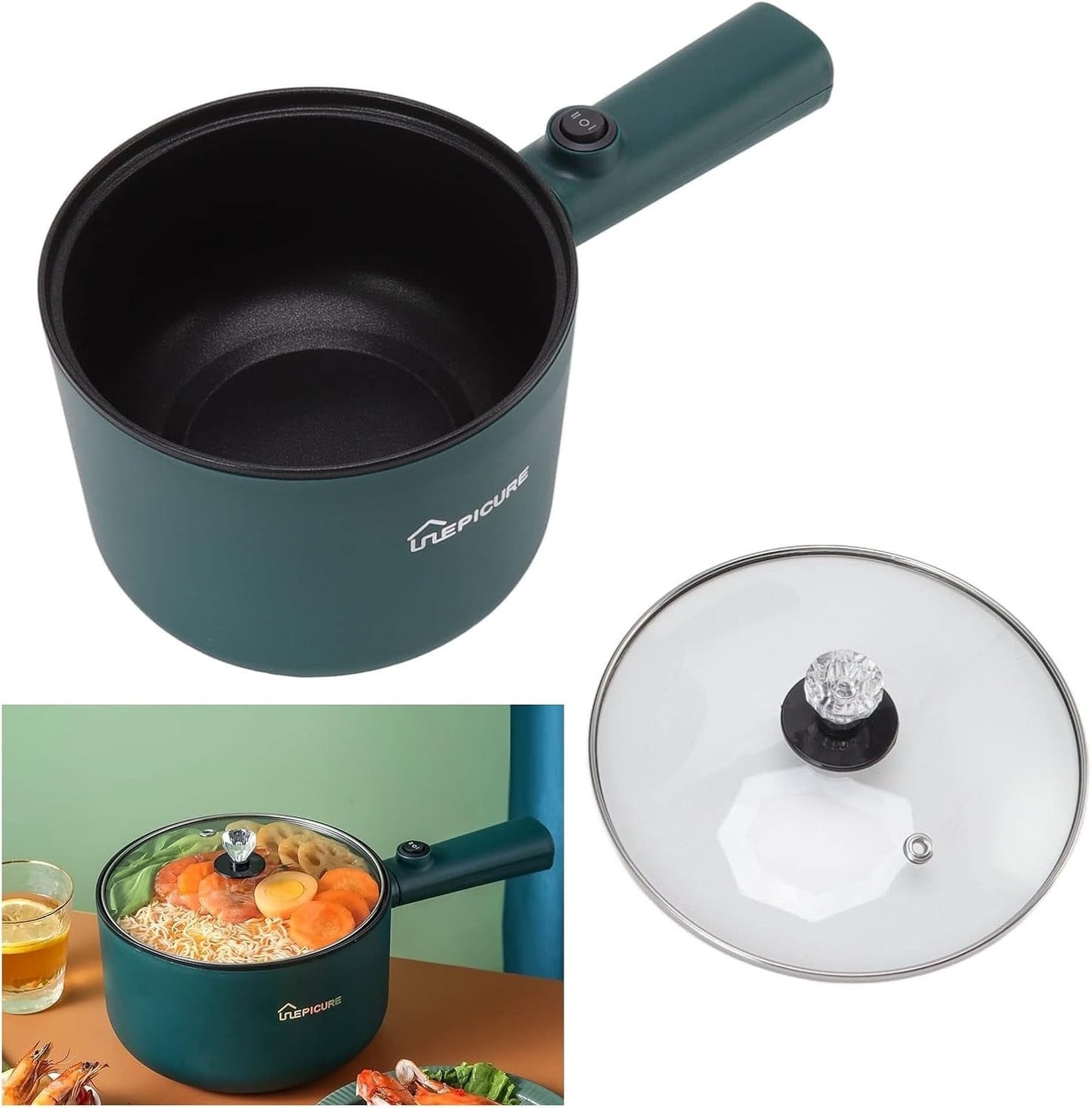 Pentola Elettrica, 1.8L 450W Mini Pentola Elettrica Verde Manico Lungo Antiadere