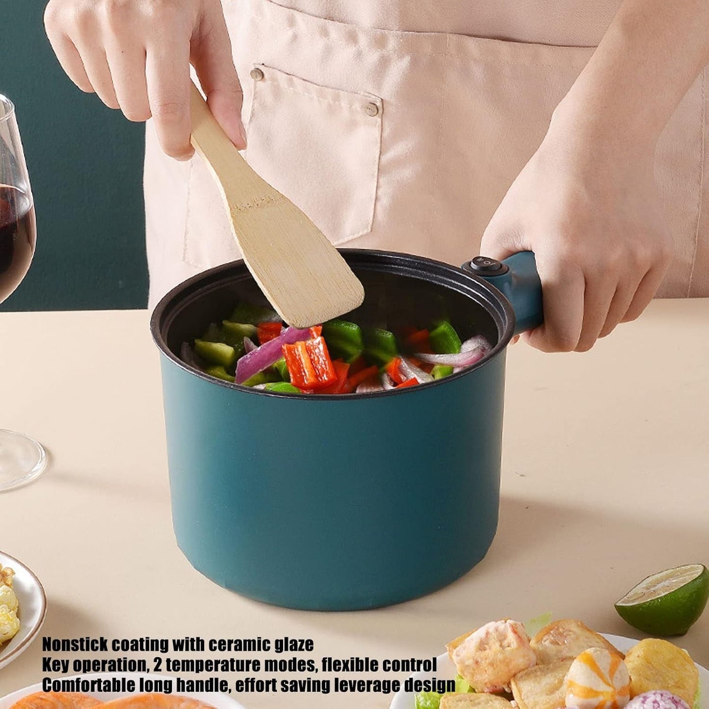 Pentola Elettrica, 1.8L 450W Mini Pentola Elettrica Verde Manico Lungo Antiadere