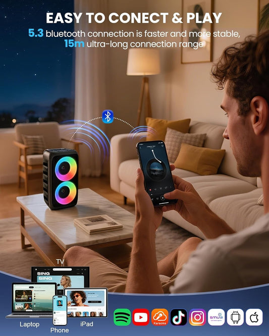 Karaoke Altoparlante Bluetooth Portatile 2 Microfoni Wireless Sistema PA TWS/TF/