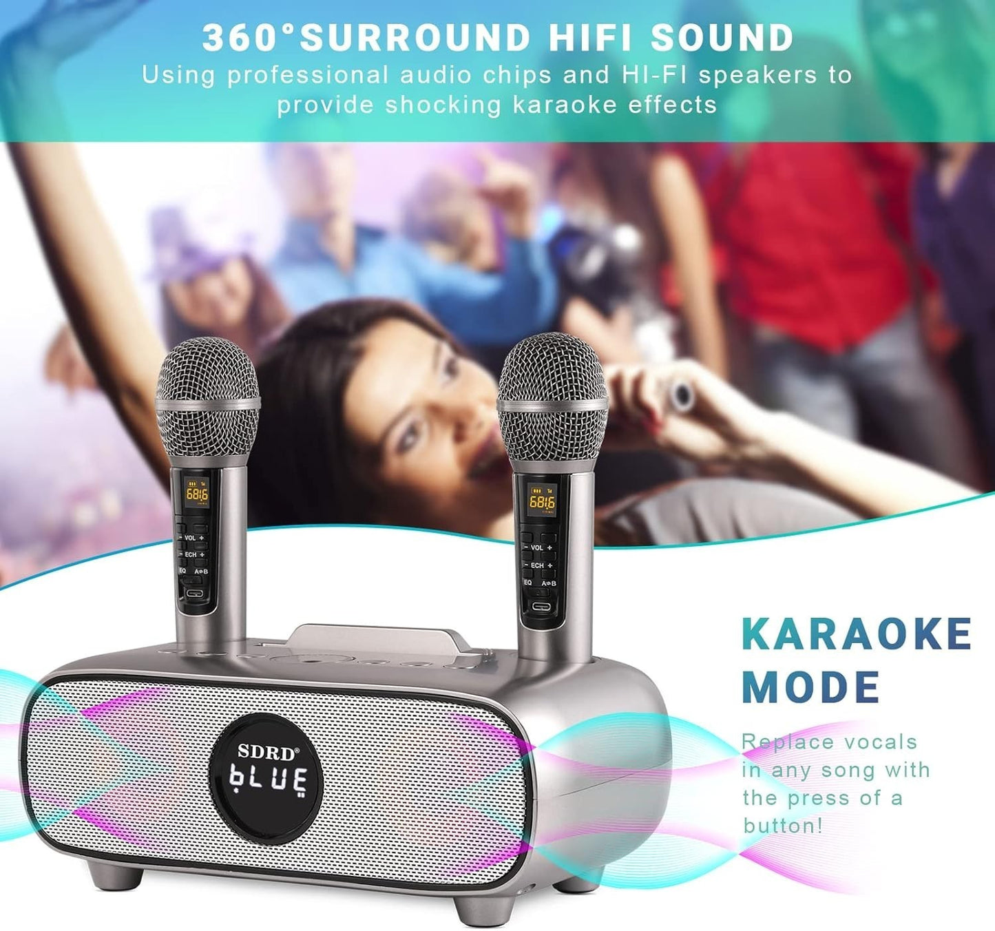 Altoparlante Bluetooth per karaoke, karaoke con 2 microfoni wireless UHF