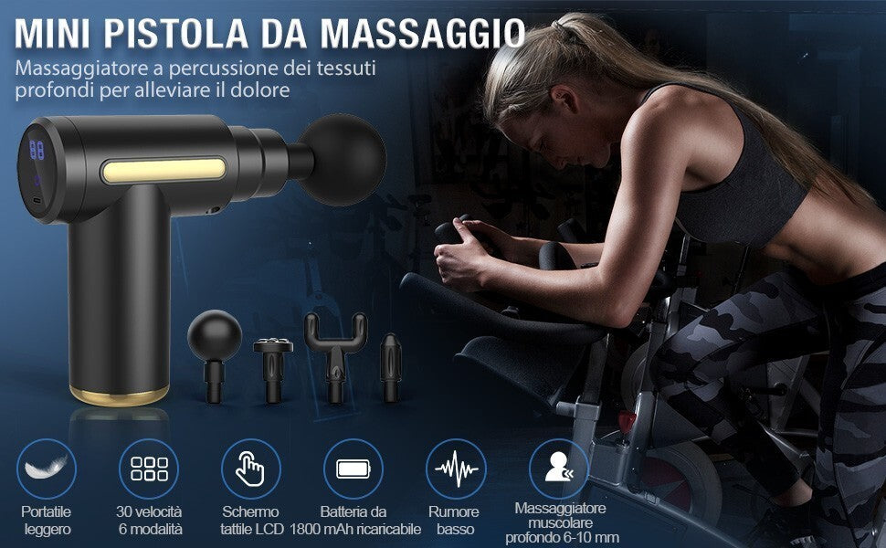 Mini pistola per massaggio muscolare,con 6 livelli regolabili e 4 testine