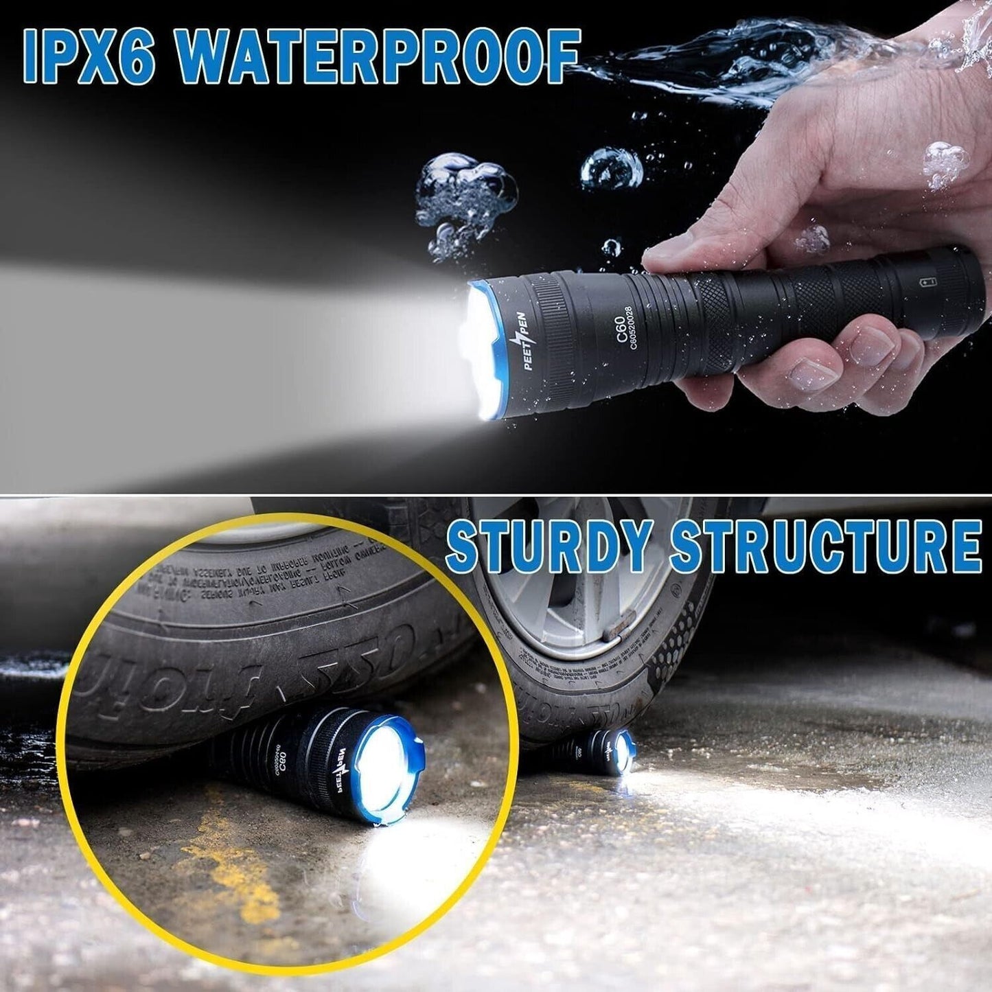 C60 Torcia super luminosa zoomabile, Torcia a LED IPX6 Impermeabile