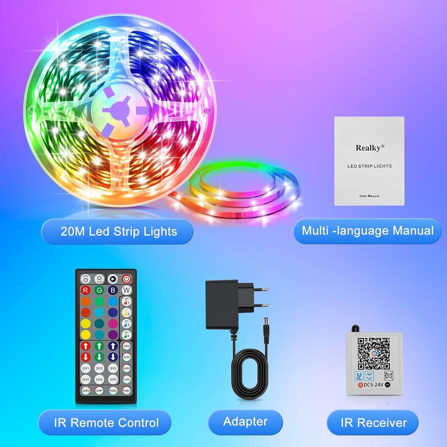 Realky Striscia LED, 20M RGB Luci Camera da Letto, Bluetooth APP Controllato Mul