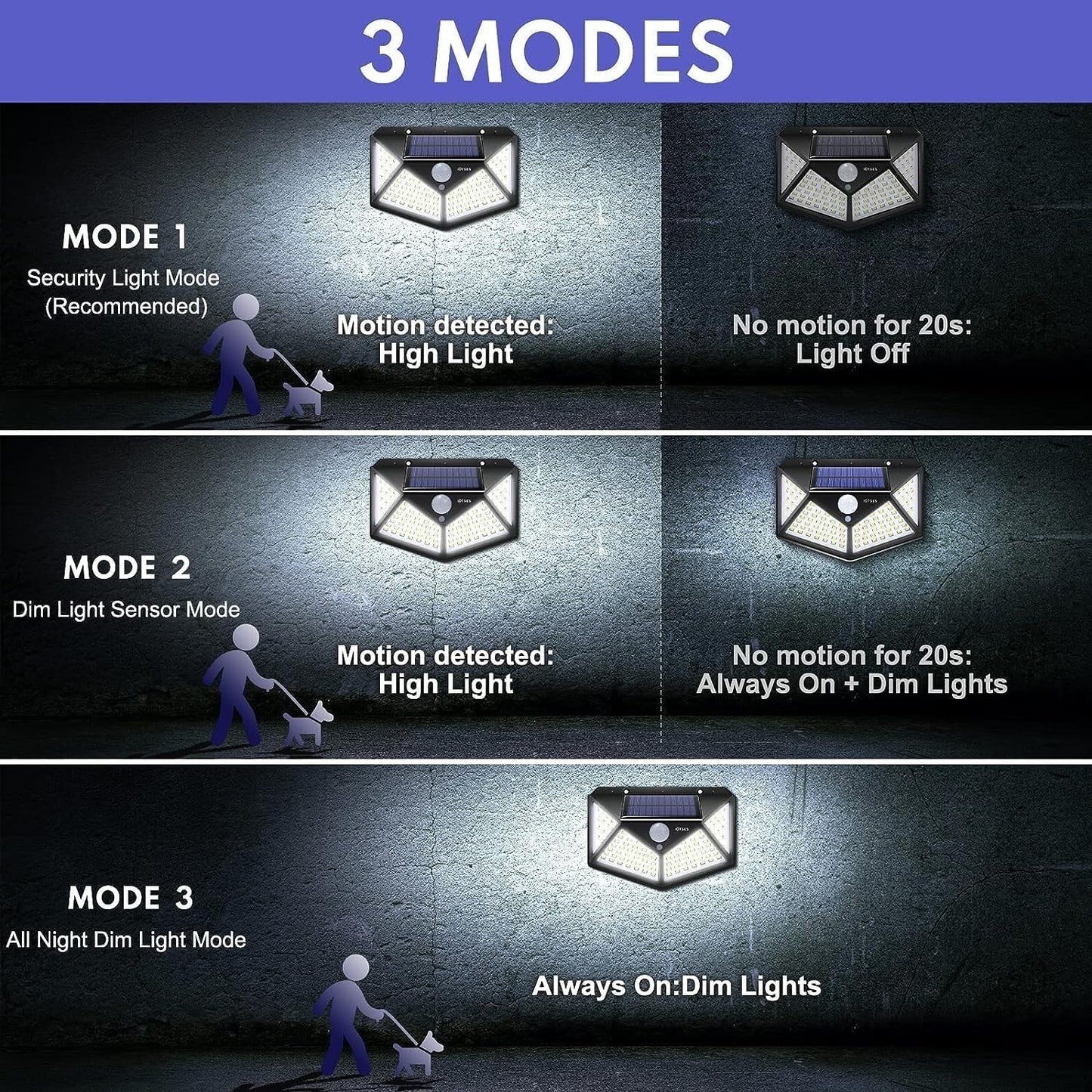 Luce solare per esterno, 100 LED con 3 modalità di illuminazione 2200 Lumen, luc