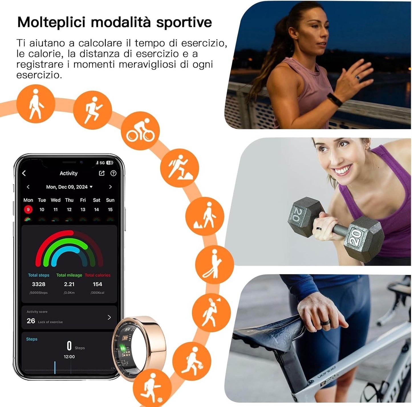 Fitness Tracker Smart Ring con Calorie Frequenza Cardiaca Monitoraggio del Sonno