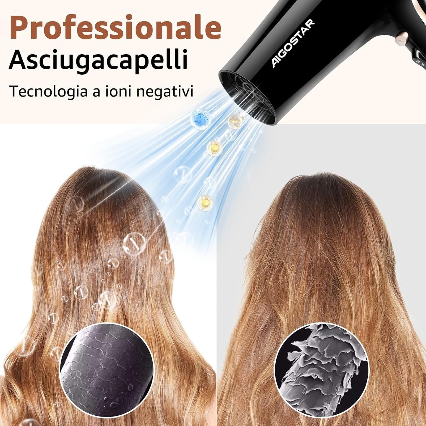 Aigostar Phon Capelli Professionale, 2400W Phon Ionico con Diffusore e Beccuccio