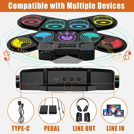 Batteria Elettronica Portatile con 9 Pad 2 Bacchette 2 Pedali Doppi Altoparlanti