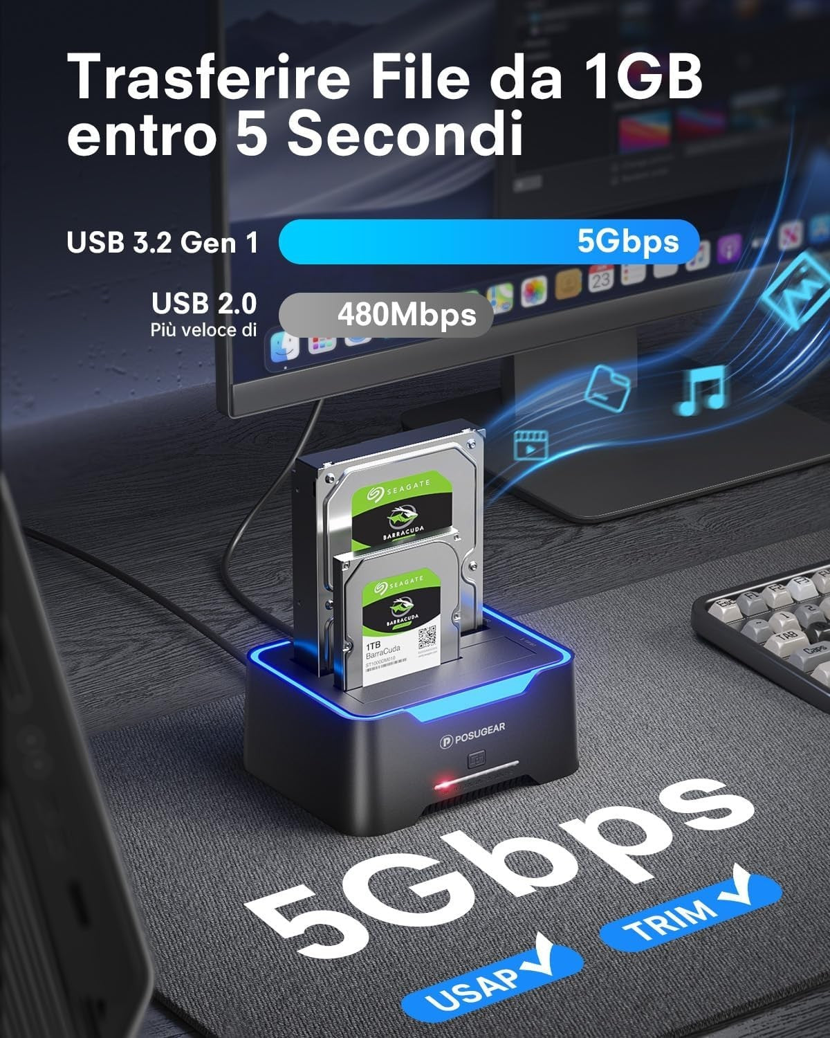 Hard Disk Docking Station USB 3.2 Gen 1 per HDD/SSD SATA da 2,5 e 3,5 P POSUGEAR