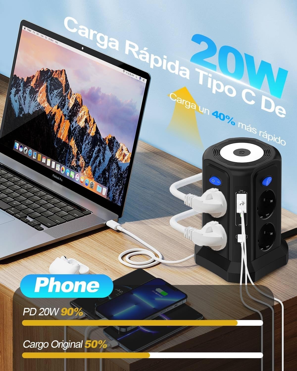 Multipresa 13 in 1 3 m con USB C PD 20 W ricarica rapida magnetica luce notturna