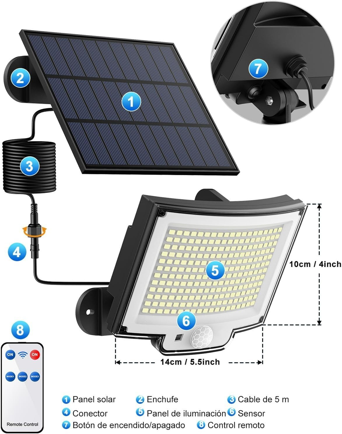 Lampada Solare LED Esterno 228LED IP65 Sensore PIR Movimento Telecomando Cavo 5m