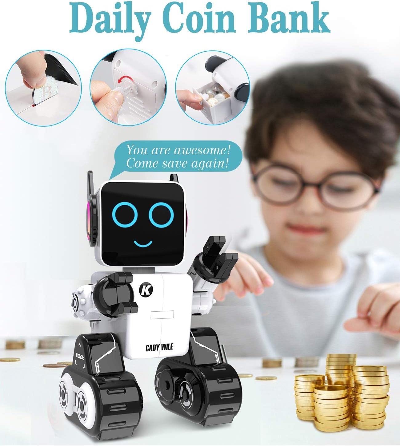 Robot Interattivo Bambini RC Telecomando Salvadanaio Canta Balla Voce USB Bianco