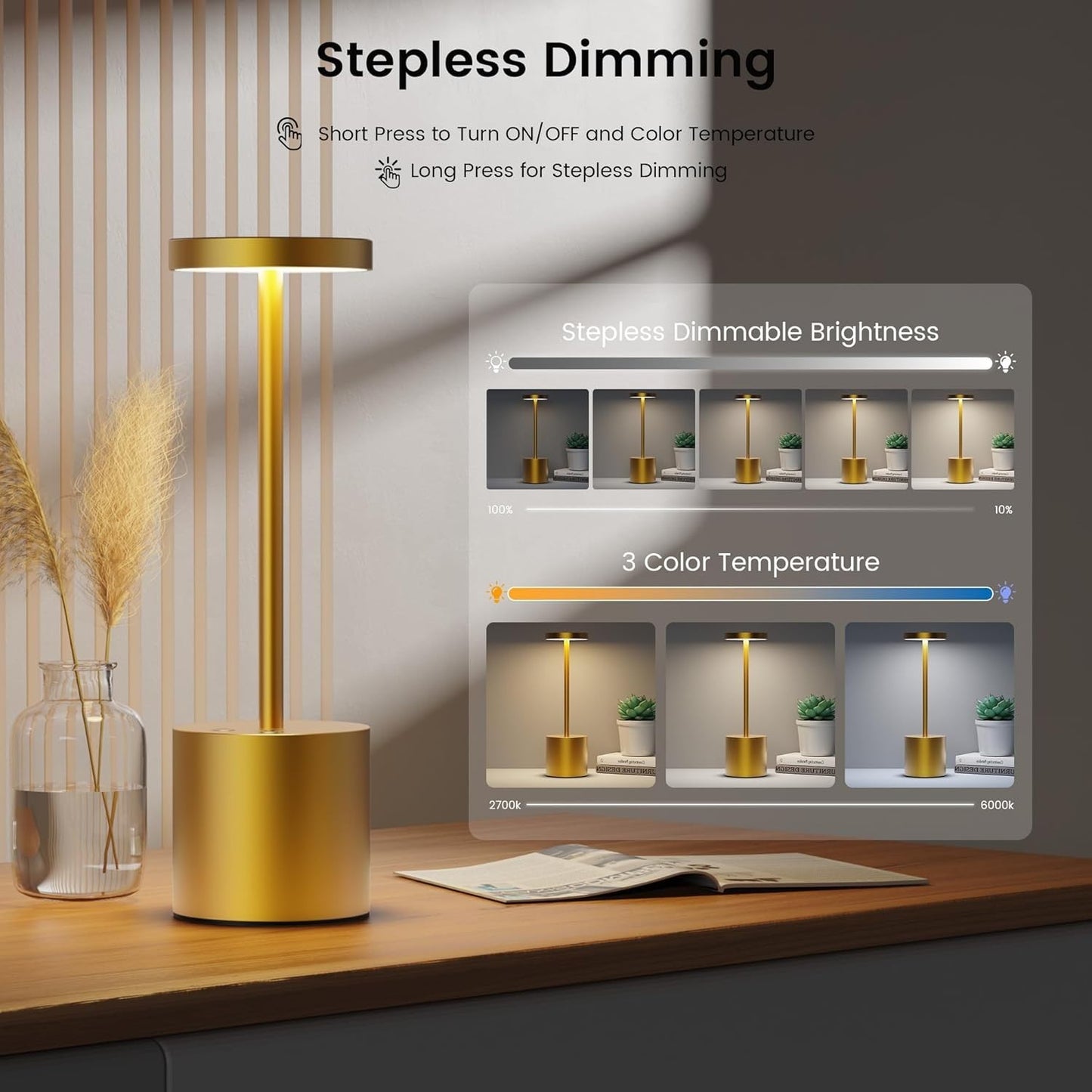 Set 2 Lampade Tavolo LED Ricaricabili 5000mAh Senza Fili Dimmer Oro Alluminio 5V