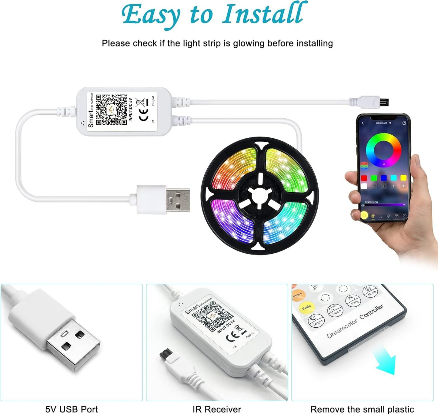 Striscia LED RGB 5M USB 5V Bluetooth App Telecomando TV Camera Feste Natale Casa