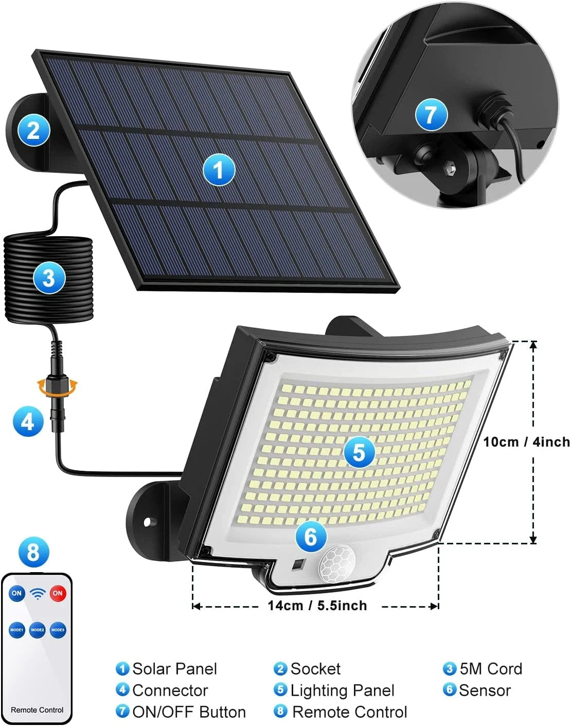 Luce Solare Esterno 228 LED Sensore Movimento Telecomando IP65 Cavo 5m