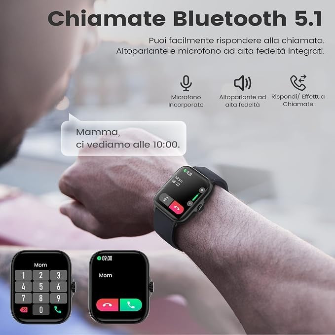Smartwatch Uomo 1,7" Chiamate Bluetooth SpO2 Cardio Sonno 28 Sport IP67 Y22 Nero