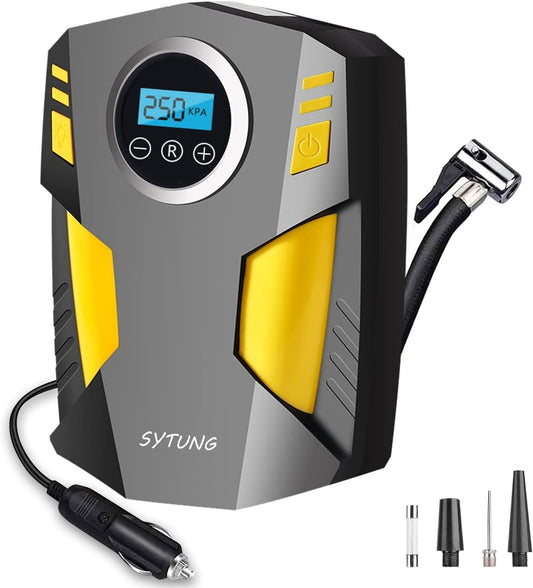 SYTUNG Compressore Aria Portatile Auto Con 3 Adattatori per Ugelli e Luci LED
