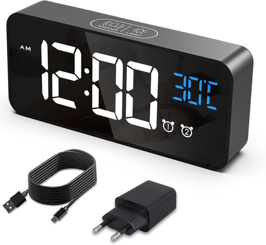HERMIC Sveglia Digitale con Temperatura, con 2 Allarme Snooze, 4 Livelli di Lumi