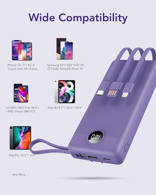 Power bank con Cavi Incorporati 20000mAh, PowerBank USB C a Ricarica Rapid VRURC