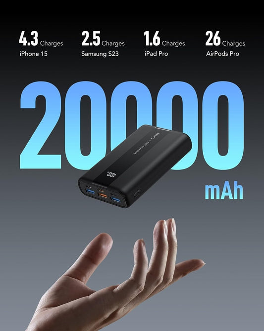 VRURC Power Bank 20000Mah, 22.5W Ricarica Rapida Caricatore Portatile Con 3 Usci