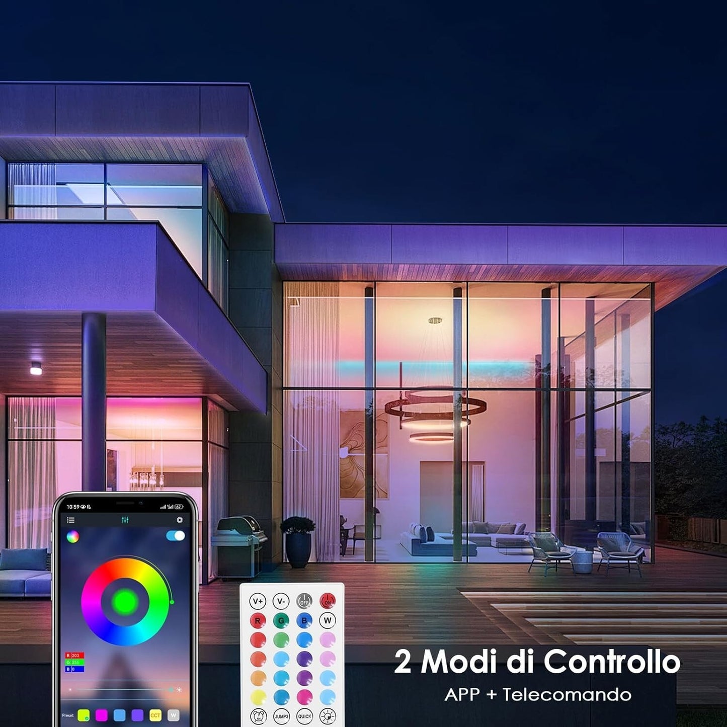 Striscia LED 10M HOVVIDA 30 LED/Metro, 1x10M, 24V RGB LED, 300 LED, APP e Telec