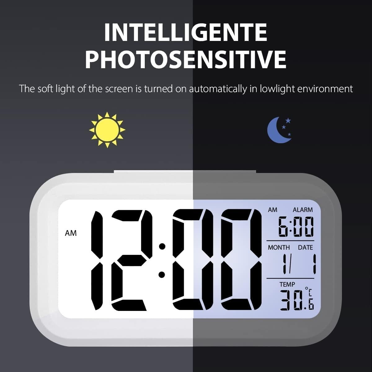 Orologio sveglia digitale da comodino tavolo a batteria temperatura data bianco