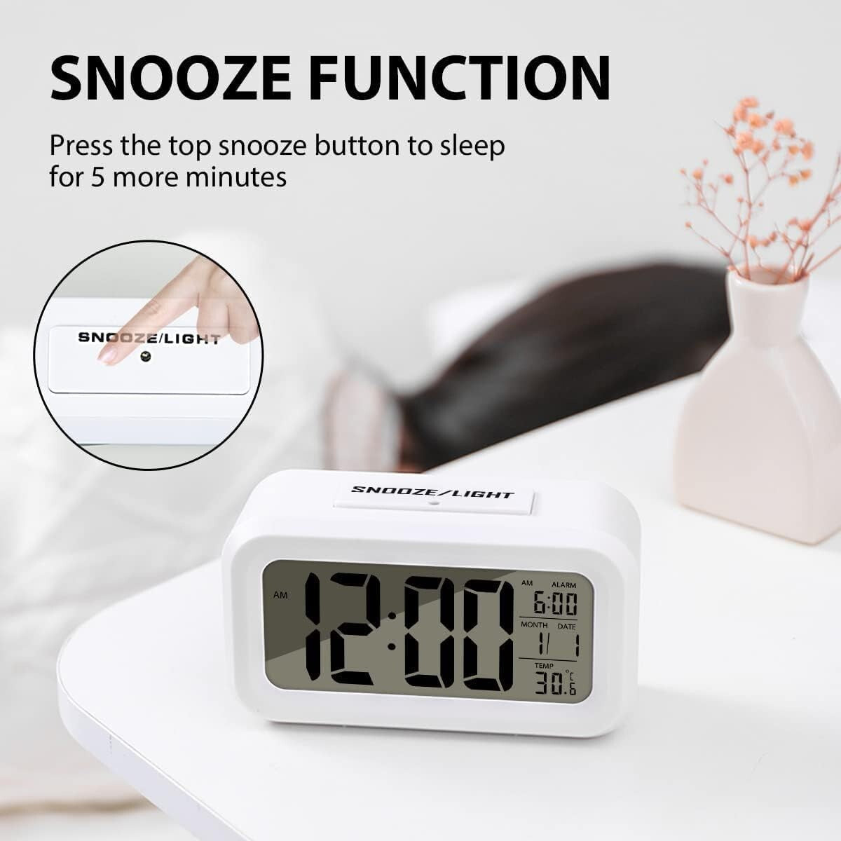 Orologio sveglia digitale da comodino tavolo a batteria temperatura data bianco