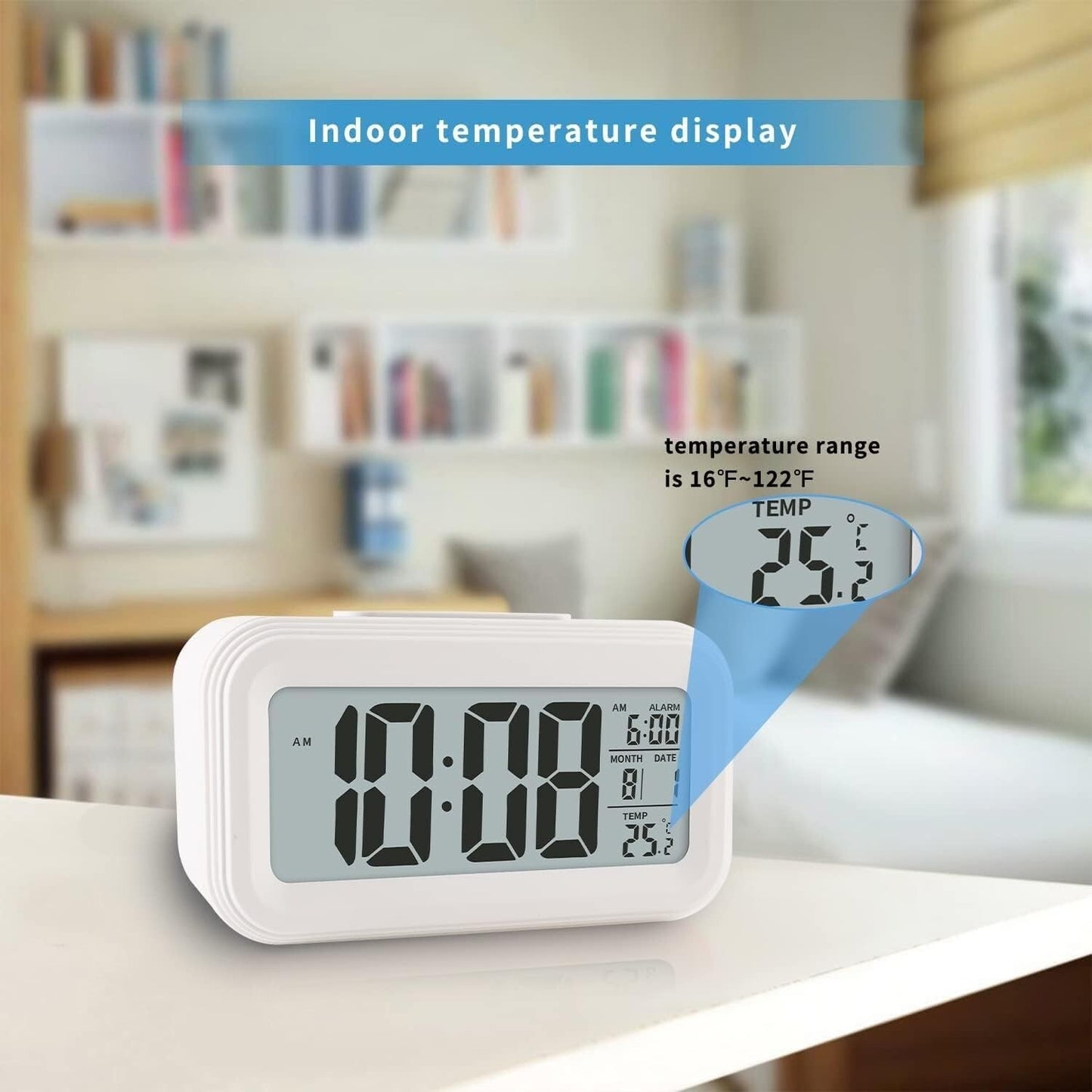 Orologio sveglia digitale da comodino tavolo a batteria temperatura data bianco
