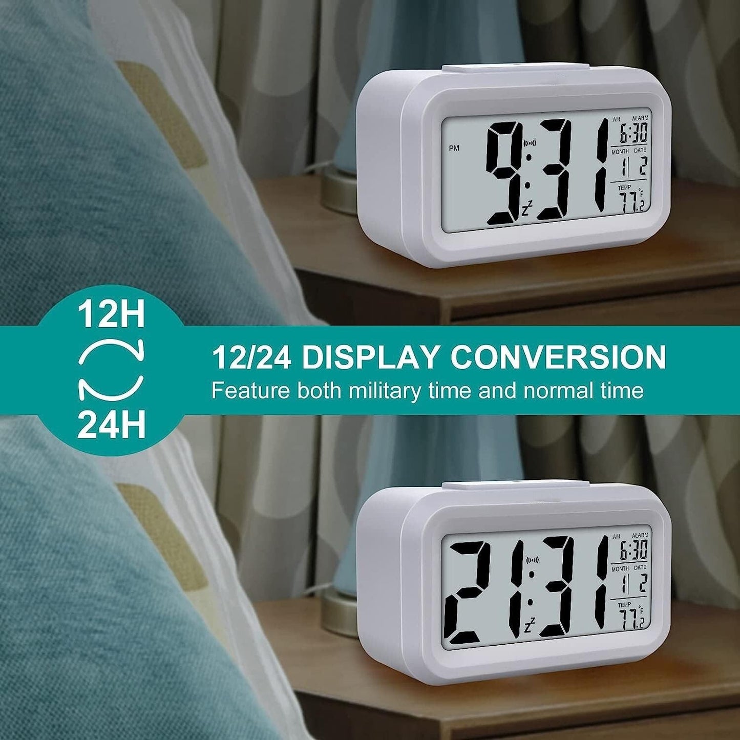 Orologio sveglia digitale da comodino tavolo a batteria temperatura data bianco