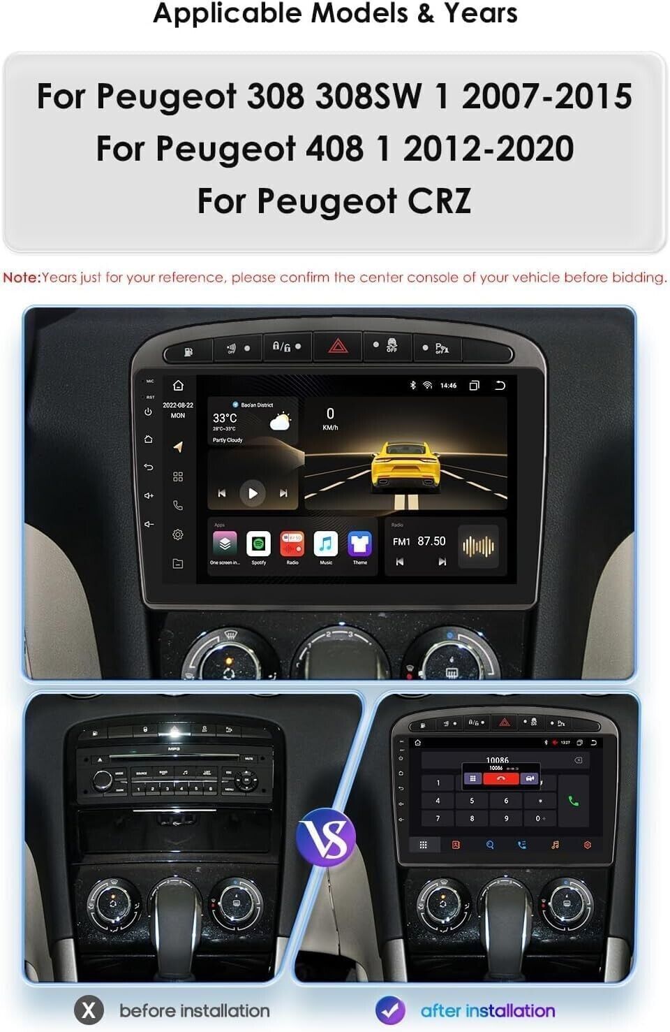 Android 12.0 Autoradio 2 Din Stereo per Peugeot 308 408 2010-2016 Car Tablet 9