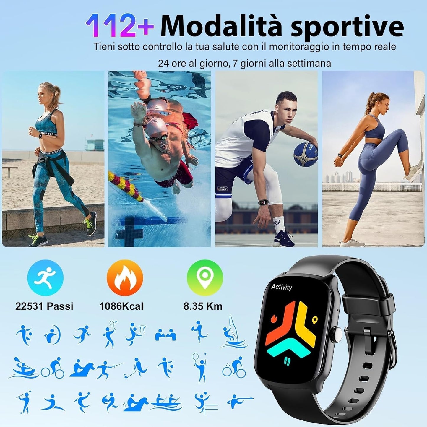 Smartwatch Uomo Donna, 1.95" Schermo Curvo Orologio Chiamate 110 Modalità IP68