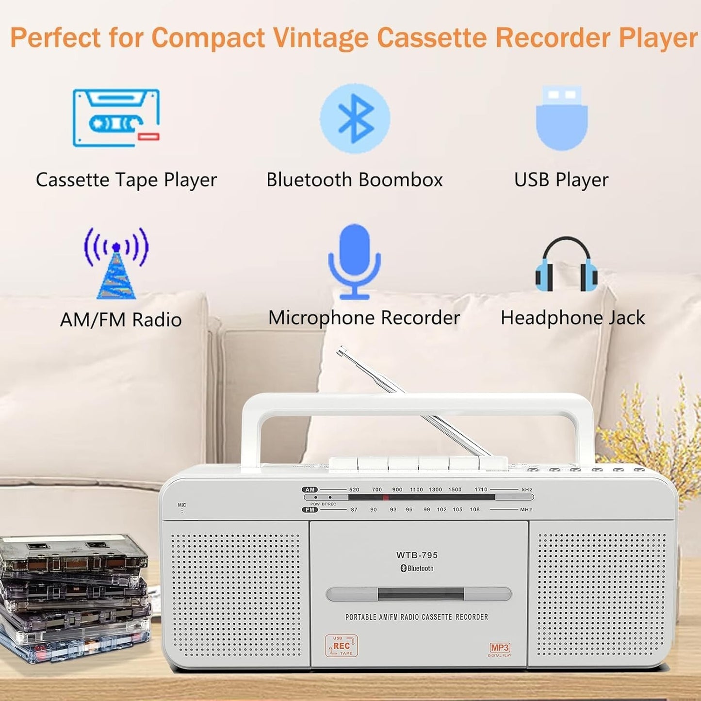 Lettore di cassette retrò WTB-795 con radio stereo USB/Bluetooth/AM/FM MP3