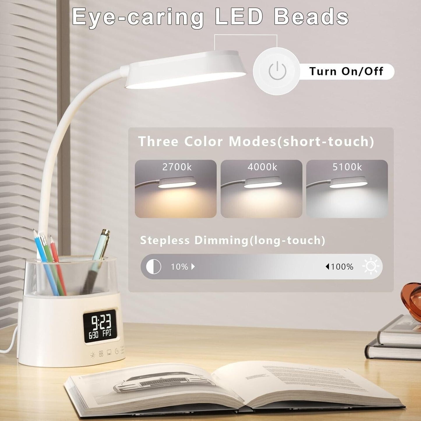 Lampada da Scrivania LED Con Luce RGB 3 Modalità di Colore  Portapenne Orologio