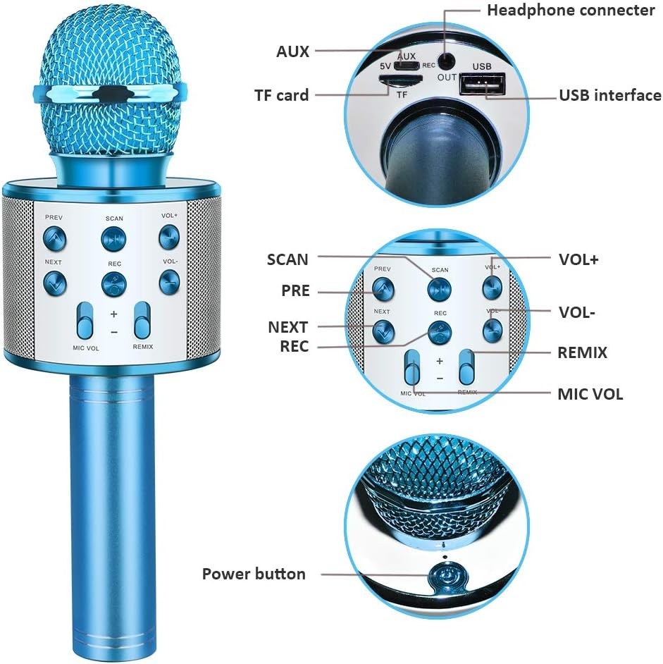Microfono Bluetooth Karaoke per Bambini lega alluminio colore BLU  tecnologia