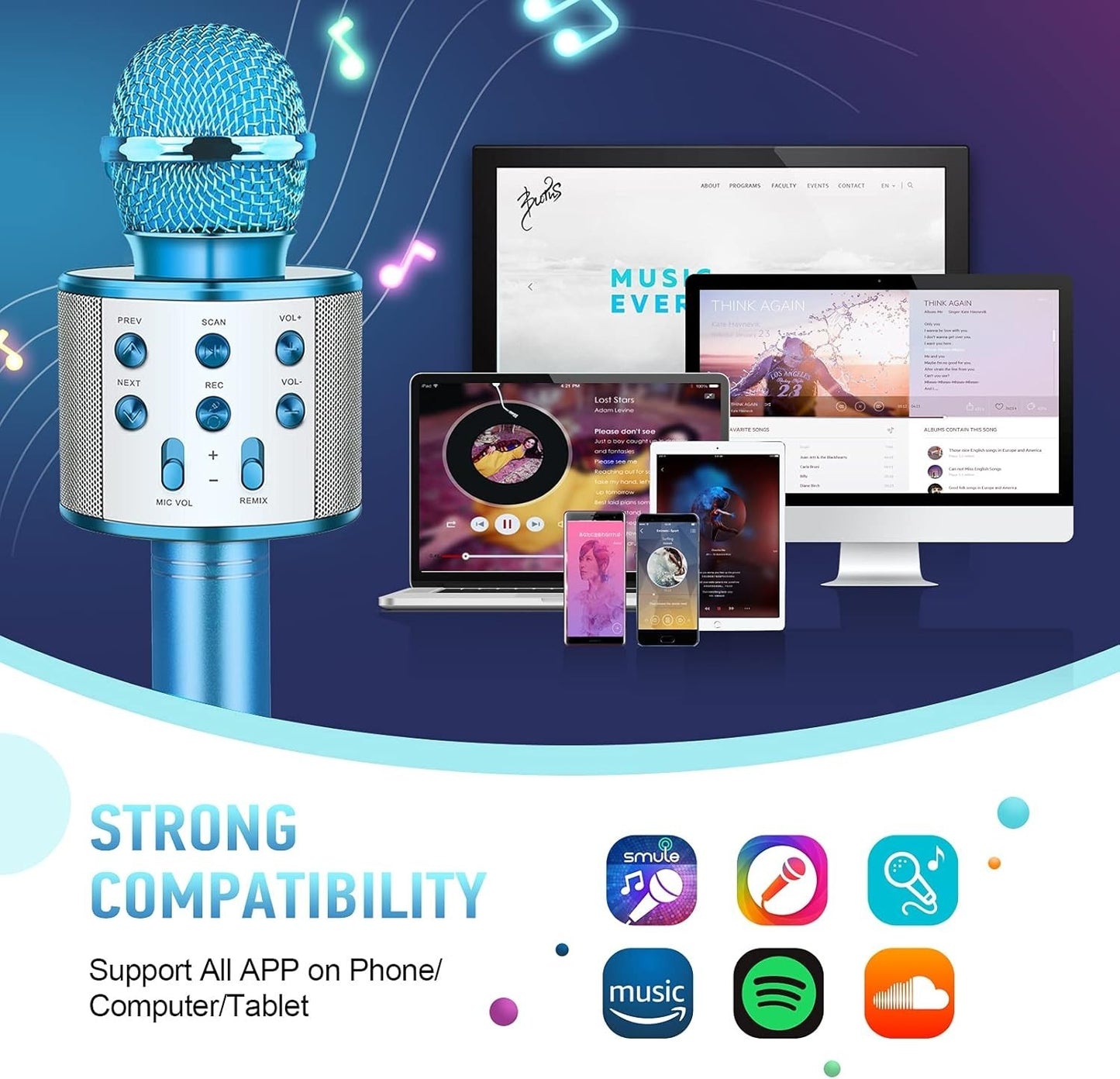 Microfono Bluetooth Karaoke per Bambini lega alluminio colore BLU  tecnologia