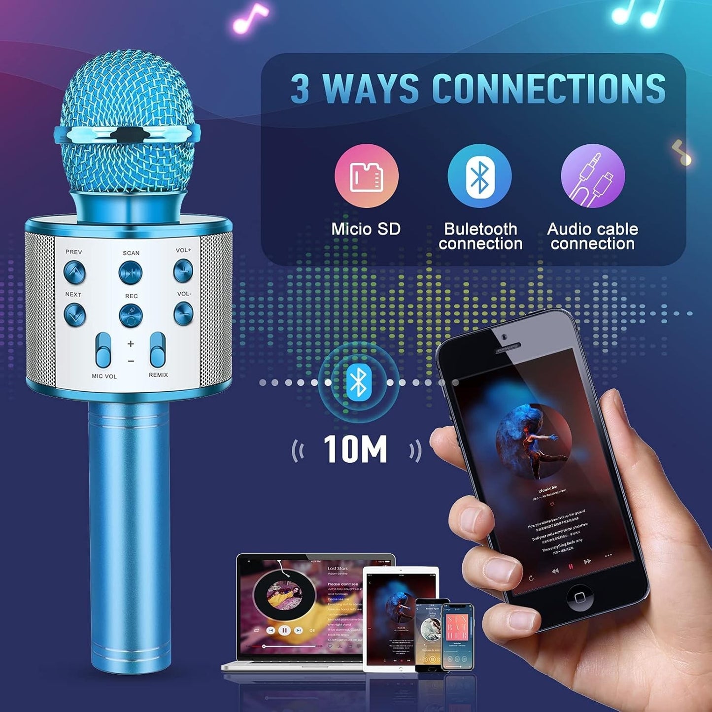 Microfono Bluetooth Karaoke per Bambini lega alluminio colore BLU  tecnologia