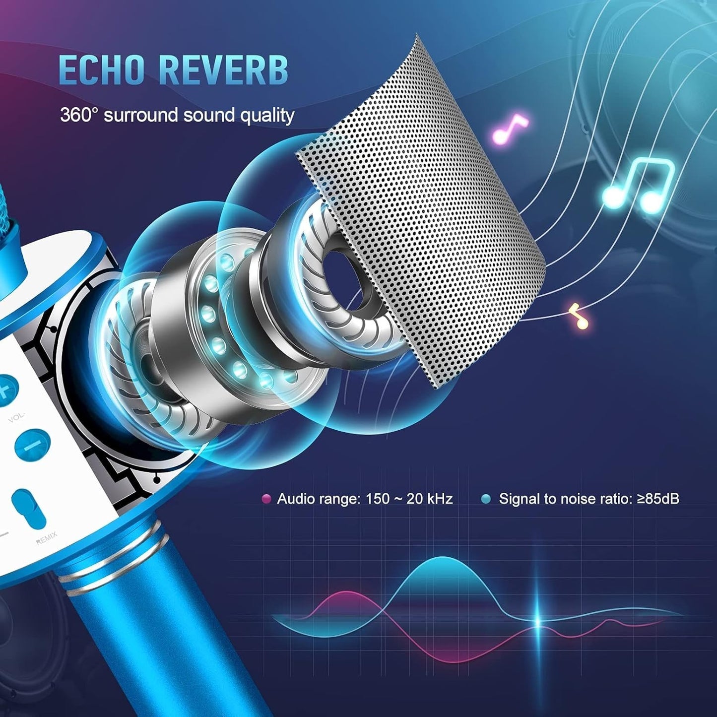 Microfono Bluetooth Karaoke per Bambini lega alluminio colore BLU  tecnologia