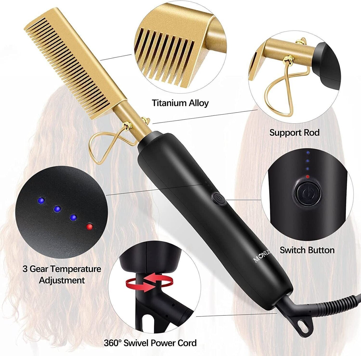 Spazzola lisciante per capelli, Monlida 2 in 1 Piastra riscaldante in ceramica
