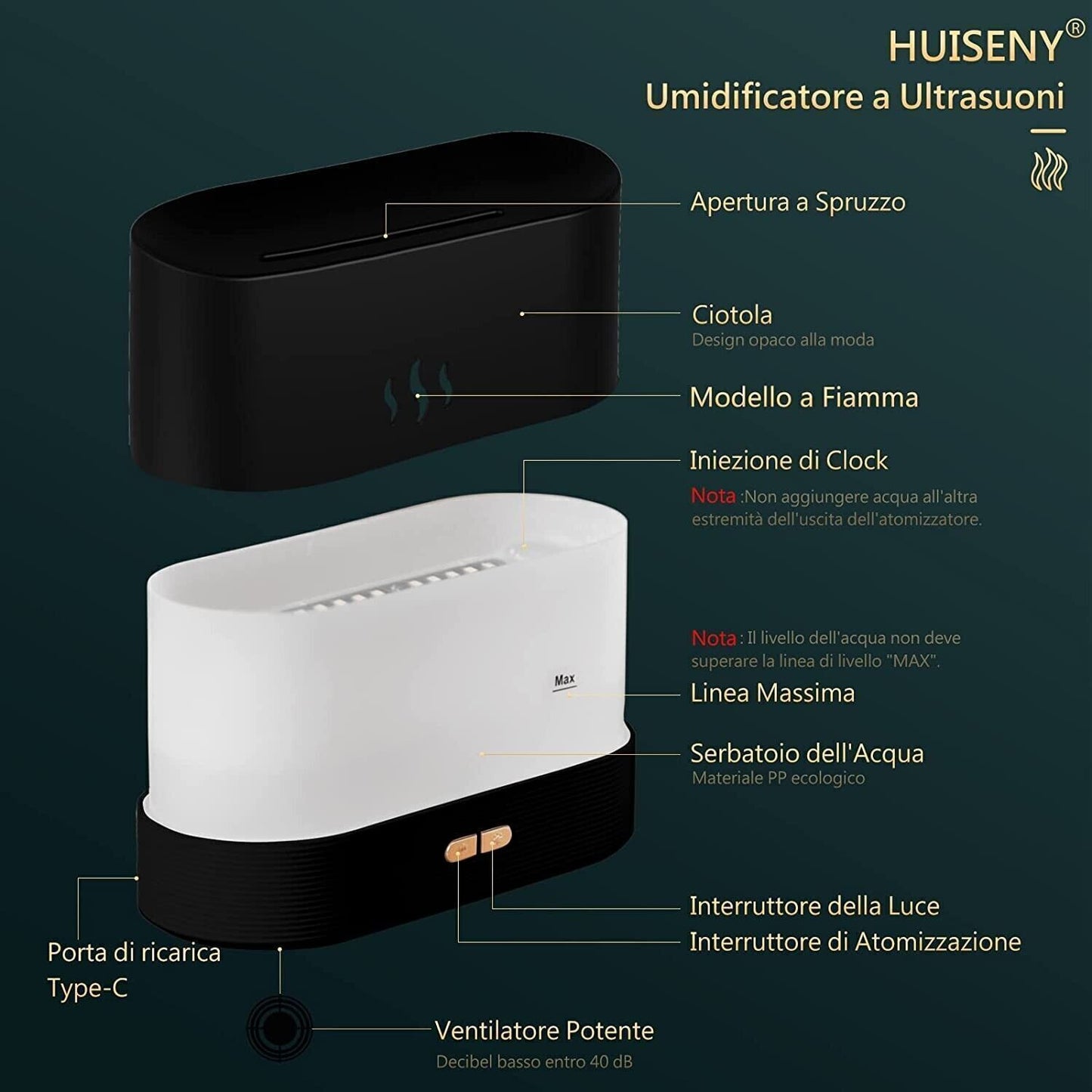 Diffusore di Oli Essenziali con Effetto Fiamma Umidificatore Ambiente