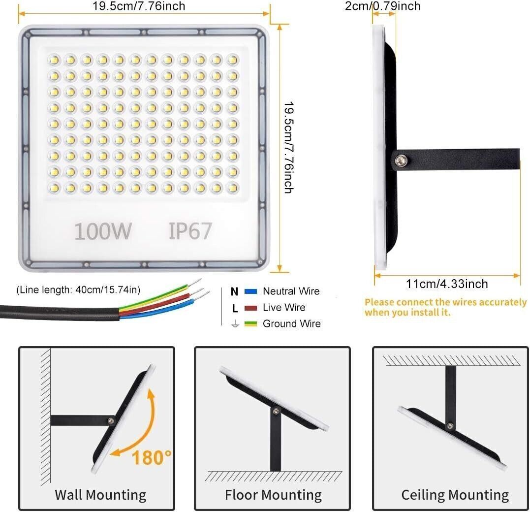 Proiettore a Led da Esterno 100W 10000LM Luce di Sicurezza Impermeabile IP67