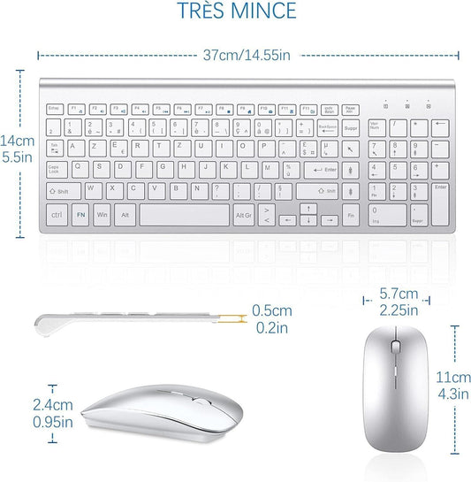 Tastiera e mouse senza fili ultra sottile azerty 2.4G Silent Compact Tastiera