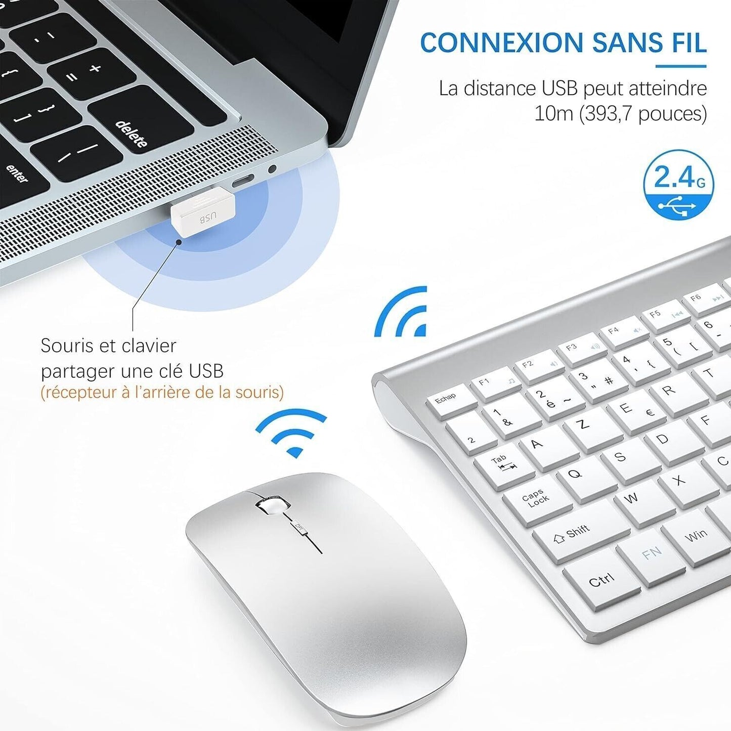 Tastiera e mouse senza fili ultra sottile azerty 2.4G Silent Compact Tastiera