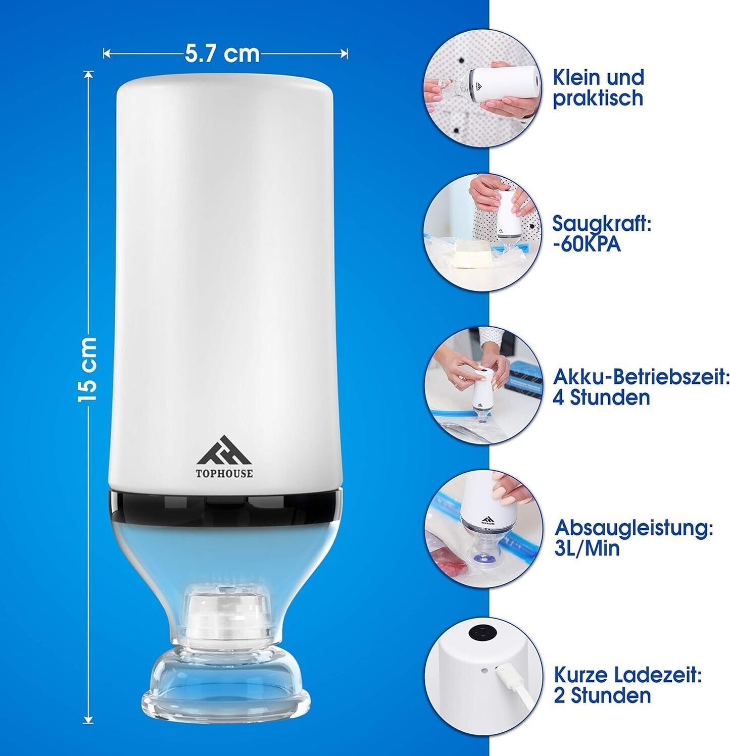 Mini Macchina Sottovuoto, TOP HOUSE Macchina Sottovuoto Senza Fili con Batteria