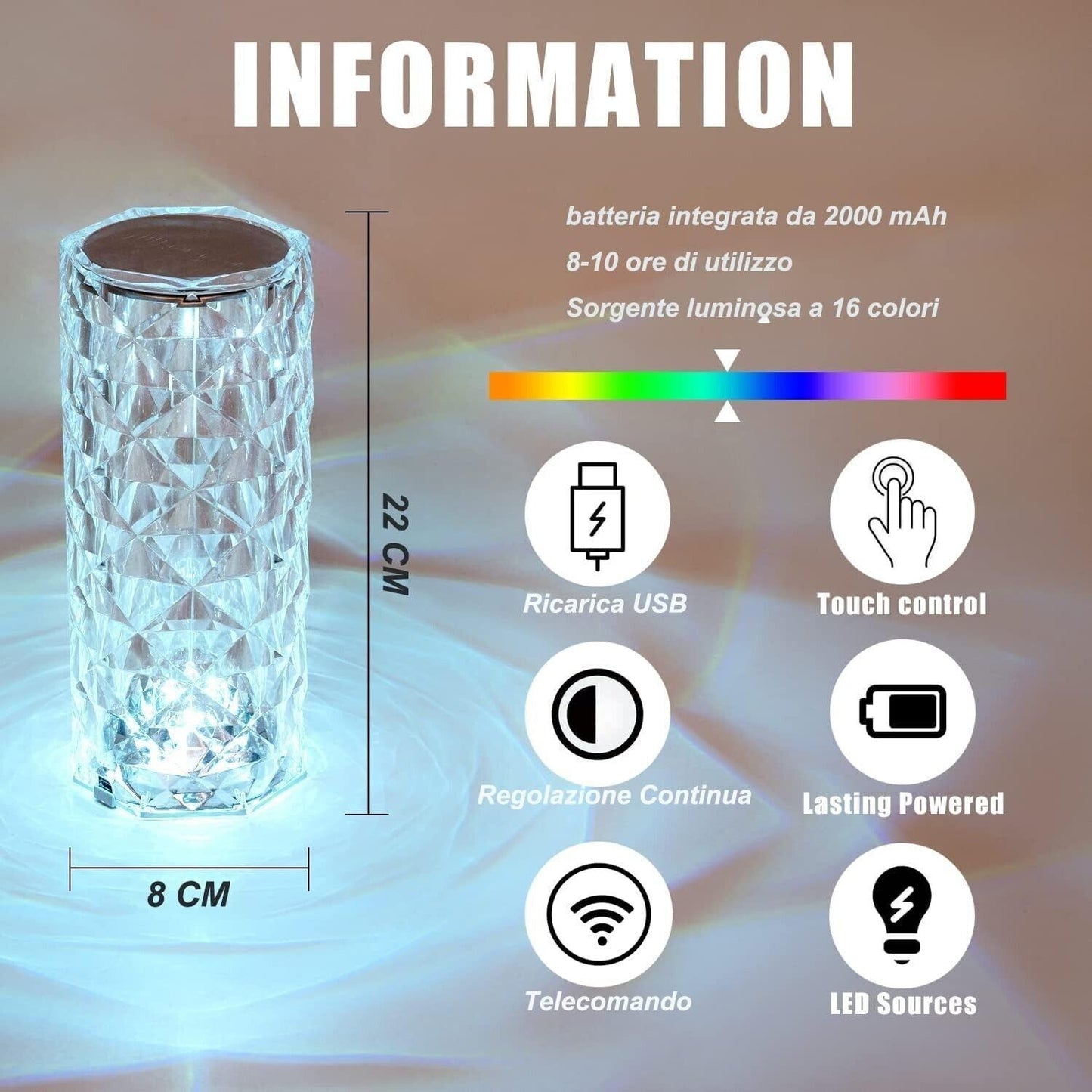 Lampada da Tavolo Touch Senza fili ricaricabile, 16 Colori Lampade Led