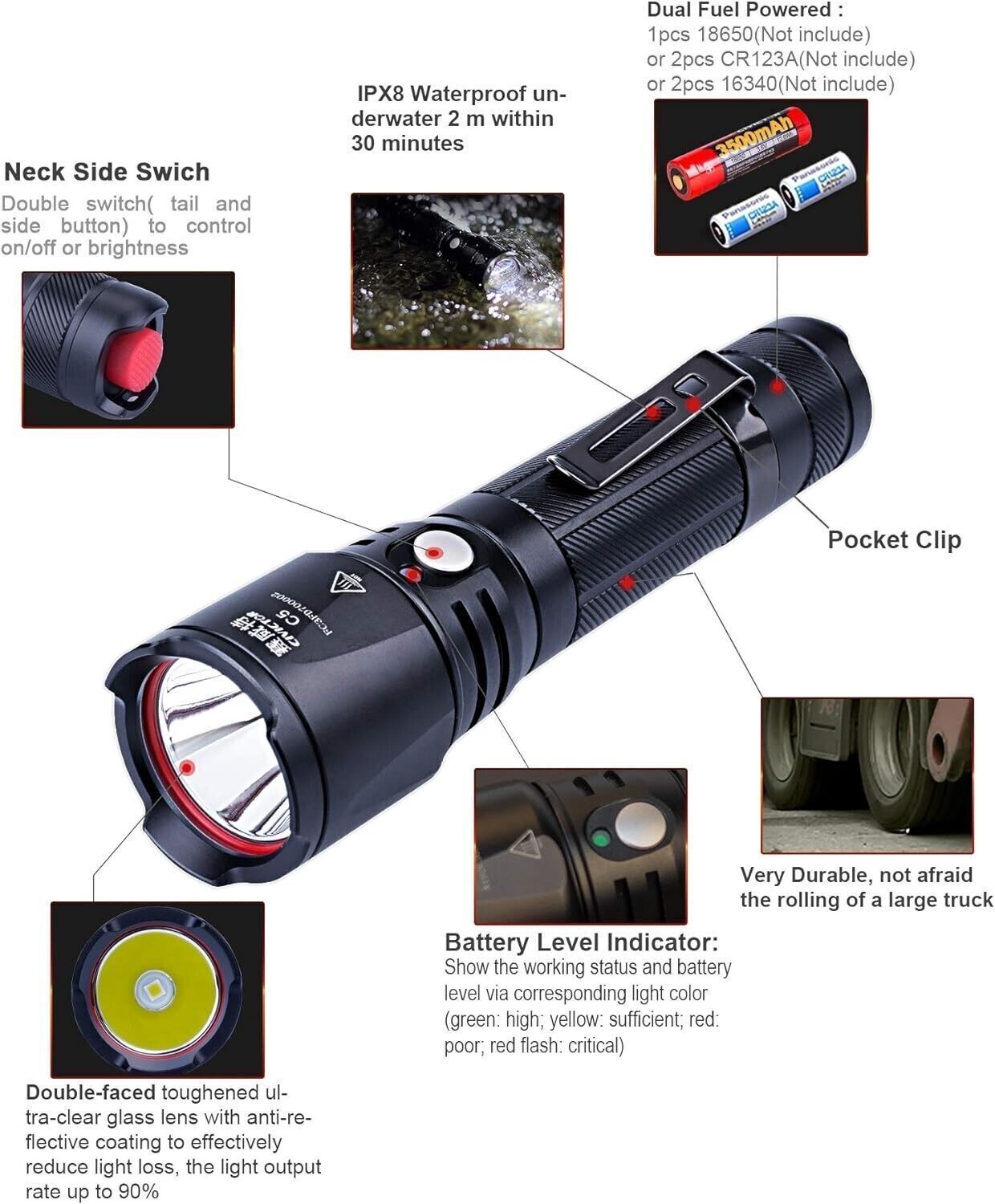 Porta Torcia Led Alta Potenza Batteria Led Torcia 18650 CR123A Subacquea IPX8