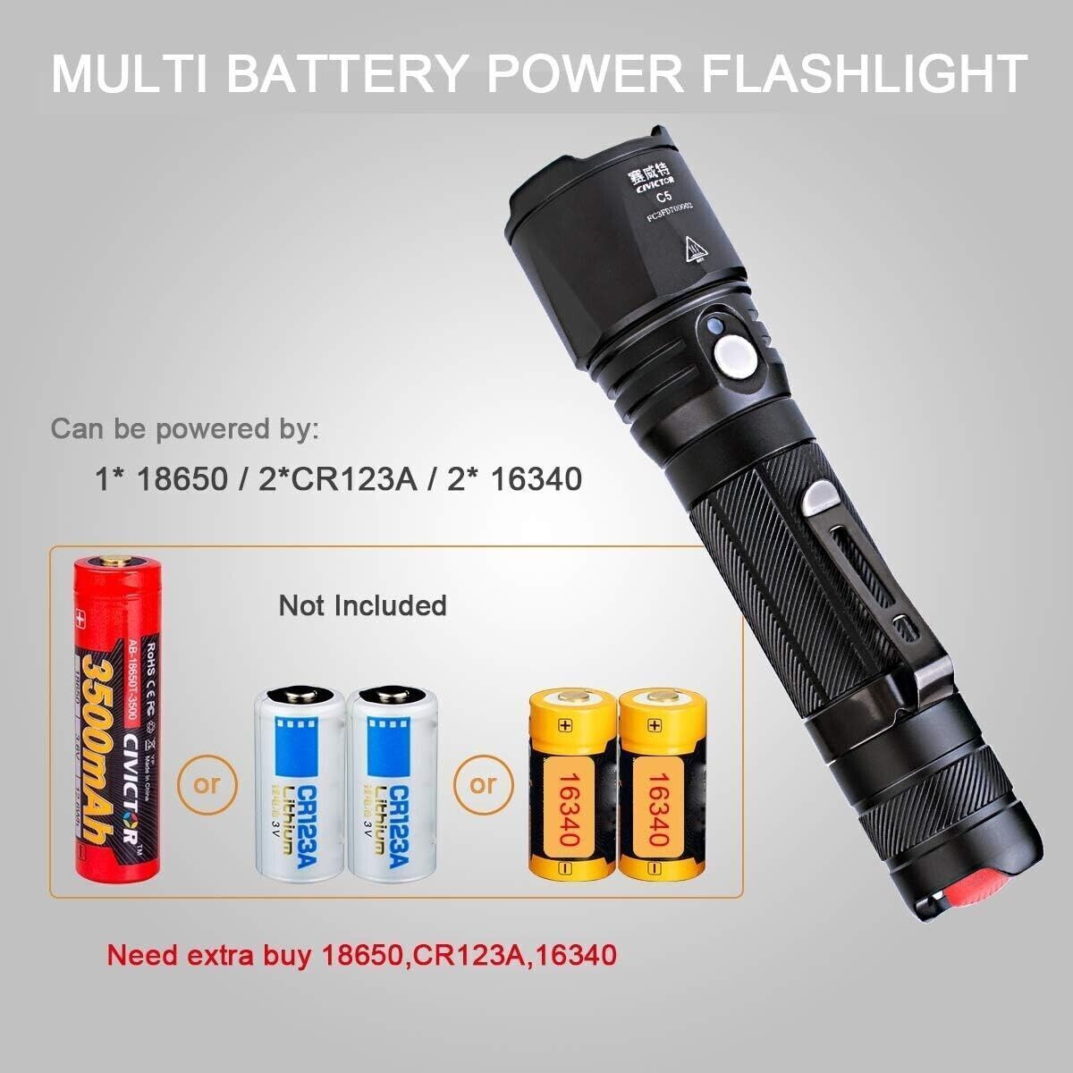 Porta Torcia Led Alta Potenza Batteria Led Torcia 18650 CR123A Subacquea IPX8