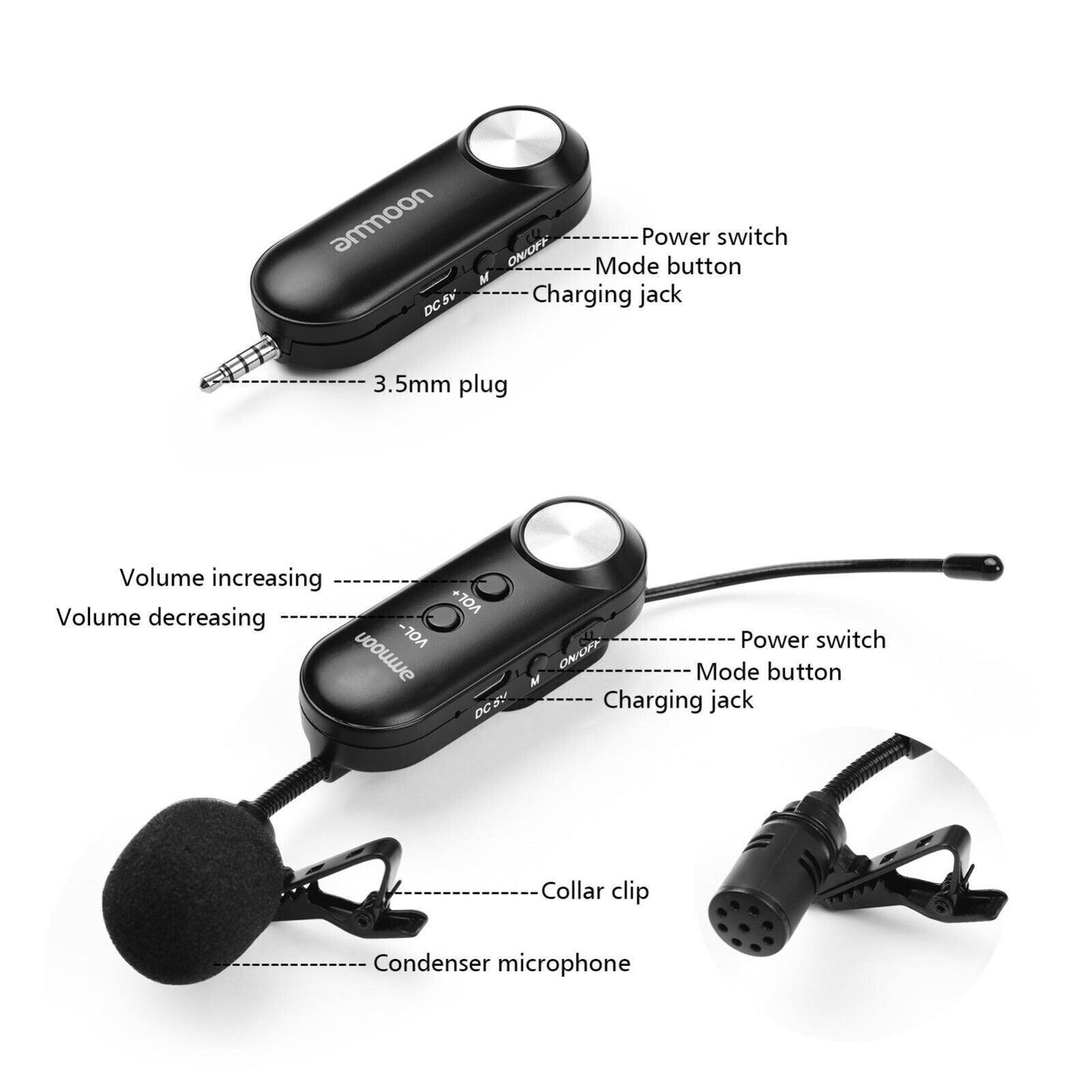 Ammoon U260 Versione per cellulare UHF Microfono wireless multiuso Lavalier