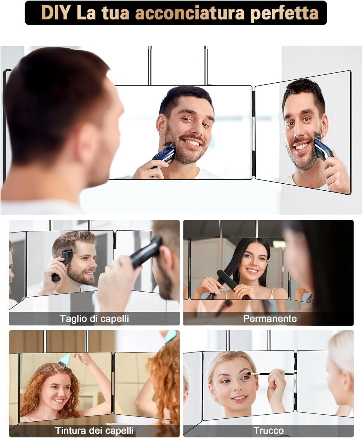 JUSRON Specchio Trucco a 3 Vie, Portatile Specchio a 360 Gradi Capelli, Specchio