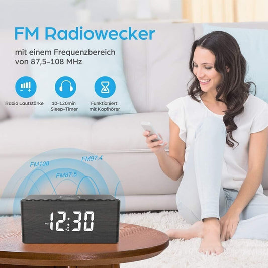 Sveglia in Legno da Comodino con Radio FM,Stazione di ricarica Wireless Veloce
