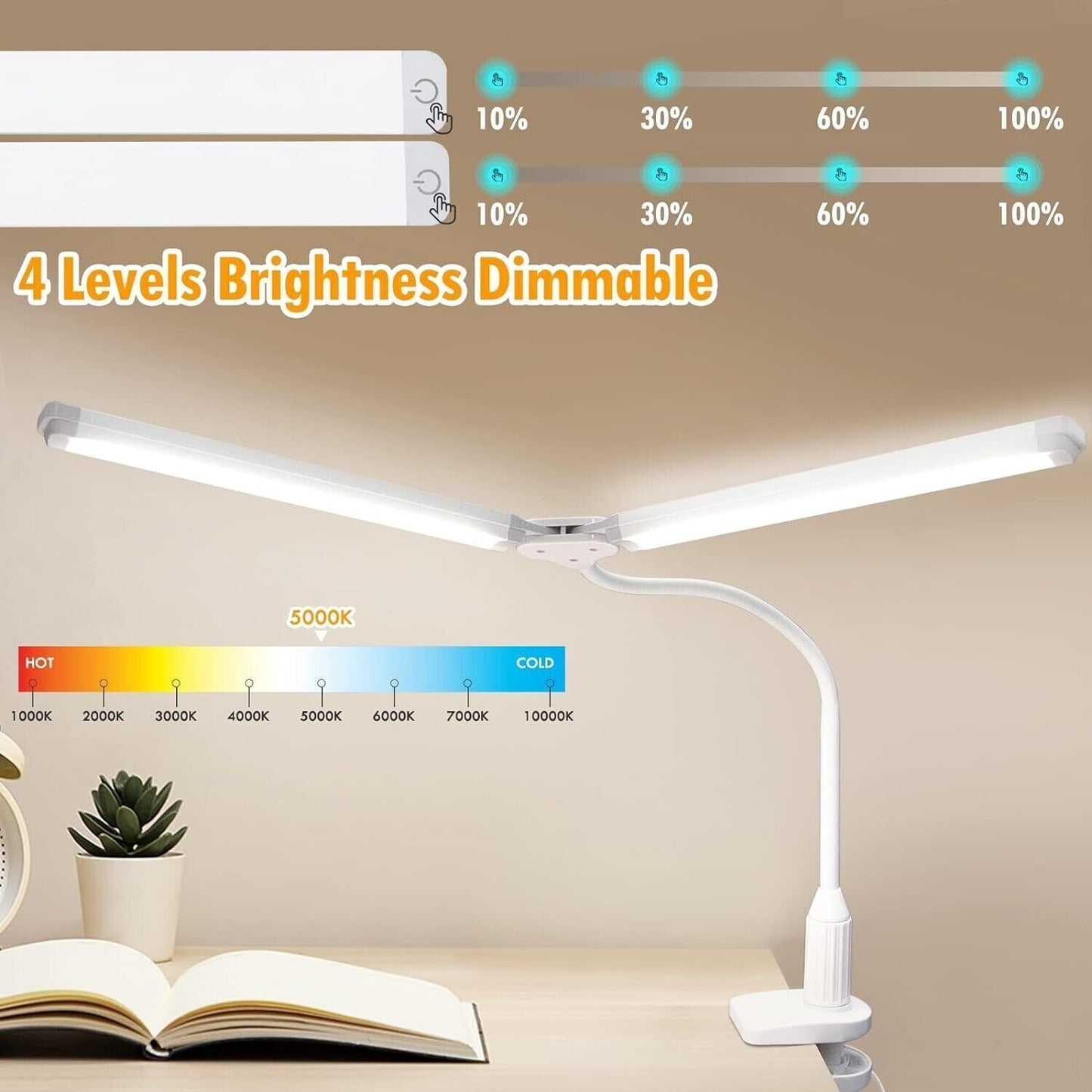 Lampada da Scrivania a LED Bianca 2X 5W, Lampada da Tavolo da Lettura