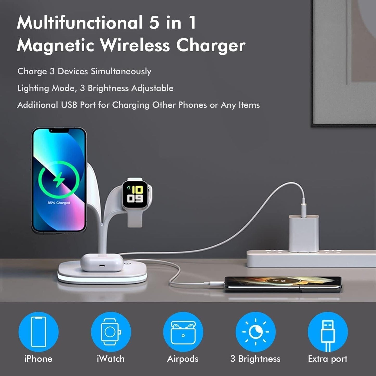 Caricabatterie wireless magnetico Upgrade 5 in 1 MagSafe con lampada LED